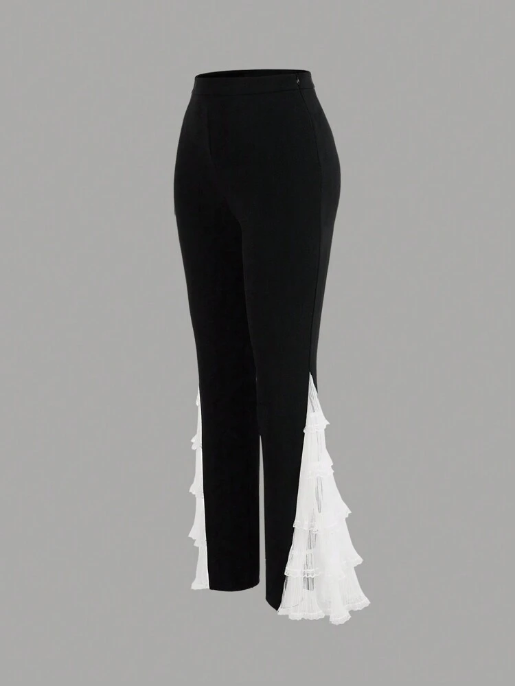 High Waisted Slim Fit Side-Zip Flared Pants With Color Block Design, Multi-Layered Pleated Mesh And Ruffle Hem