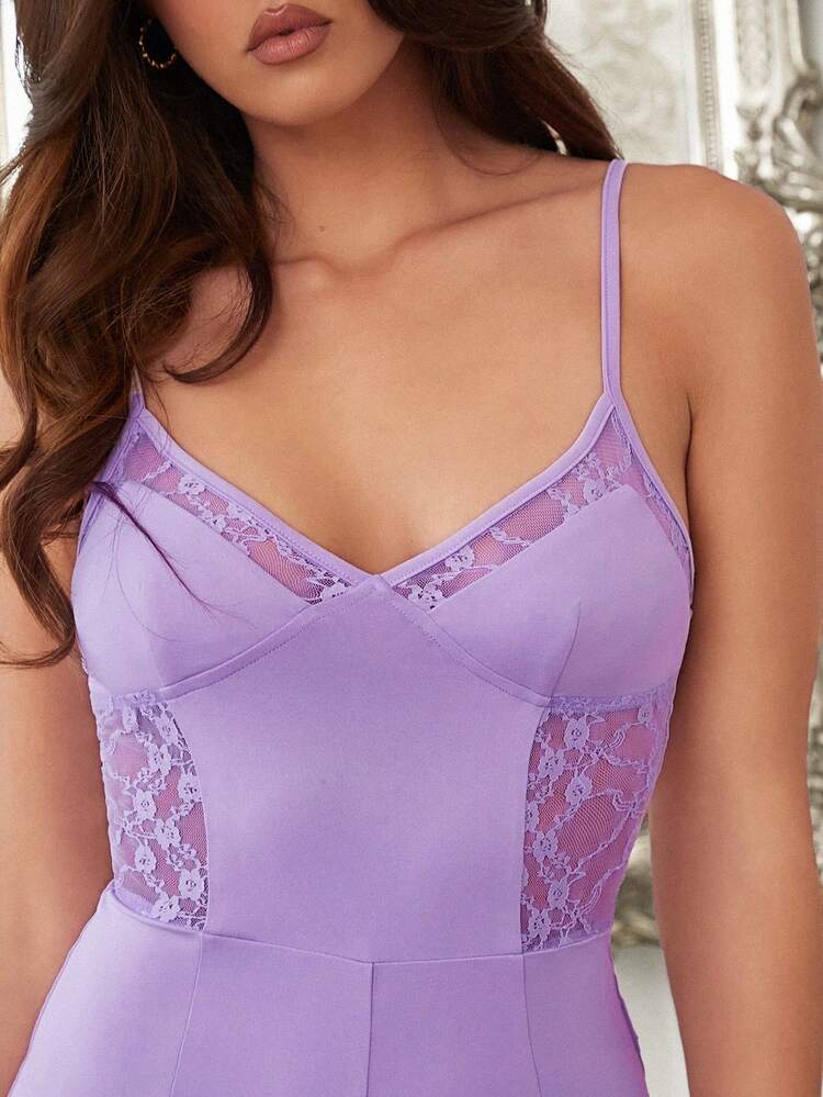 Purple Lace Spliced Sling Jumpsuit Unitard