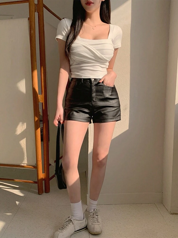 Women Tight-Fitting Square-Neck Cropped Criss-Cross T-Shirt
