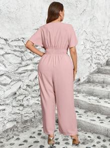 SHEIN Unity Mono casual para el día a día en talla grande, unicolor, cuello en V, mangas con volantes - Rosa vieja - Ver 2