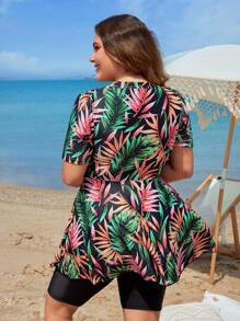 SHEIN Swim Curve Summer Beach Plus Tropical Plant Printed Half-Zip Short Sleeve Rash Guard For Beach Holiday And Surfing - Black - View 2
