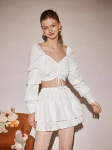 Aveloria Rosie Camisa corta de manga larga con cordones y cuello dulce en unicolor para mujer, informal de primavera y verano con pliegues