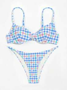 Swim Mod Summer Beach Plaid Print Push Up Underwire Bikini Set With Spaghetti Strap - Multicolor - View 4