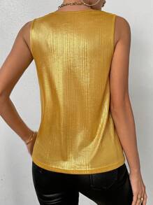 SHEIN LUNE Women Summer Sleeveless Tank Top With Zipper, V-Neck And Wide Loose Fit Metal Texture - Gold - View 2