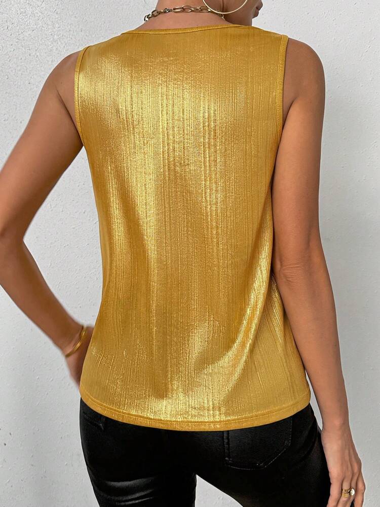 Women Summer Sleeveless Tank Top With Zipper, V-Neck And Wide Loose Fit Metal Texture