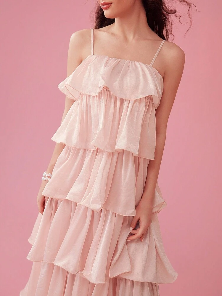 Vestido De Tirantes De Moda Para Mujeres Con Diseño De Volantes Rosa