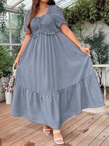 Breezaya Plus Size Đồng Màu Ruy Băng Thắt Nơ Xù Lông Tay Áo Đi Nghỉ Thường Ngày Xuân Hè - Màu xanh bụi bặm - Xem 3