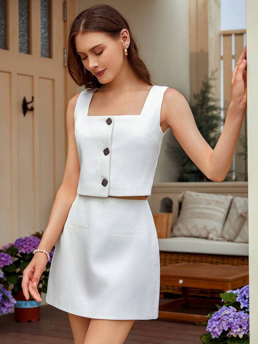GENKIRA 2pcs/Set Summer Loose Button Decor Tank Top And Mini Skirt - White - View 1