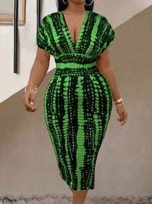 Maweii Đầm bodycon tay cánh dơi in họa tiết cỡ lớn mùa hè có dây buộc eo - màu xanh lá - Xem 4