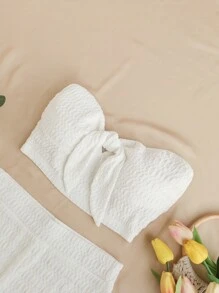 Soleia 女士夏季前扣無肩帶短上衣和高腰紋理短褲套裝 - 白色 - 查看 4