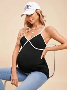 SHEIN 孕婦休閒對比邊修身背心上衣 - 黑與白 - 查看 5