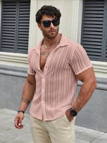 Men's Casual Solid Color Short Sleeve Shirt, Spring/Summer - Pink - View 4