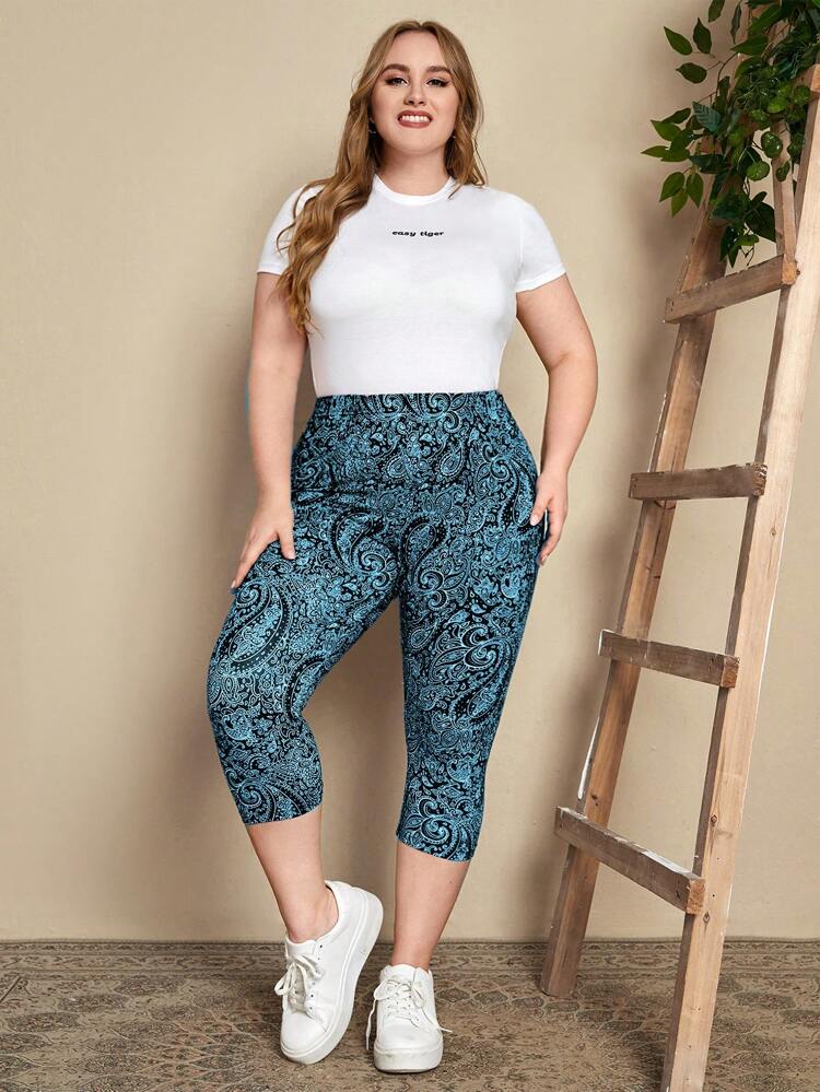 Plus Size Women Casual Cashew Print 3/4 Leggings Summer Dress Summer Outfits For Women Spring Clothing Spring Outfit Beach Outfits For Women Vacation Outfits Women Summer Holiday Outfits Country Style For Women