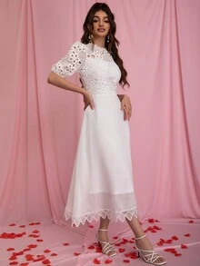 Eilly Bazar Summer Elegant Solid Color Hollow Out Embroidered Puff Sleeve Dress - White - View 3