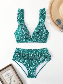 SHEIN Swim Women's Floral Printed Ruffled Two-Piece Bikini Set Summer Beach - Green - View 5