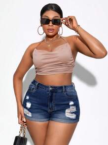 Slaydiva Plus Size Women\ Casual Denim Shorts With Pockets, Distressed And Rolled Hem - Dark Wash - View 3