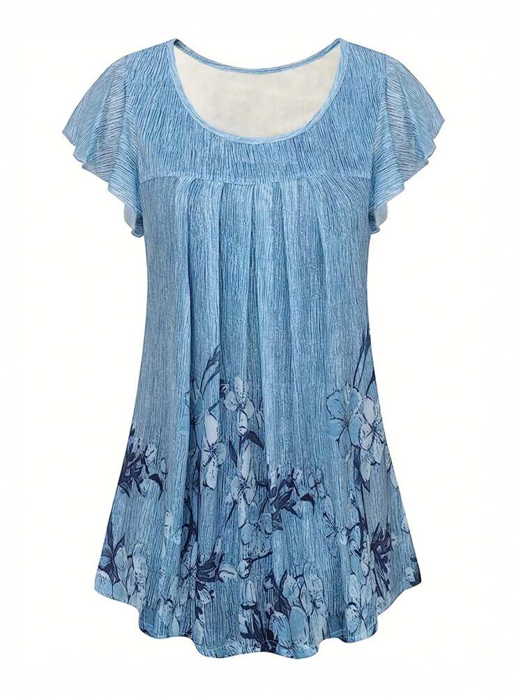 Women Floral Print Round Neck Ruffle Sleeve Summer Casual T-Shirt