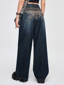 ROMWE Grunge Punk Wings & Skull Embroidered Loose Wide-Leg Boy Friend Jeans For Women - Dark Wash - View 3
