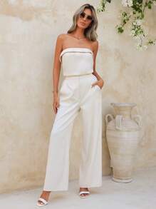 SHEIN Clasi 女士純色無肩帶上衣和直筒褲夏季簡約休閒兩件套裝