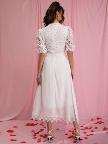 Eilly Bazar Summer Elegant Solid Color Hollow Out Embroidered Puff Sleeve Dress - White - View 2