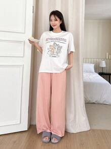DAZY 女式可愛的卡通角色和標語印花短袖上衣和寬腿褲鬆身居家套裝