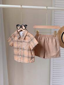 SHEIN Baby Boy 2PCs/Set Color Block Decorated Pocket, Turn-Down Collar, Open Front Short Sleeve Top & Casual Shorts