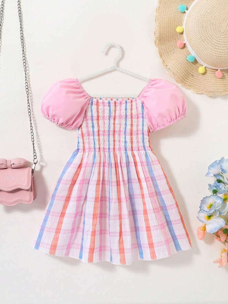 Baby Girls' Cute Casual Plaid Bubble Sleeve Dress For Spring And Summer