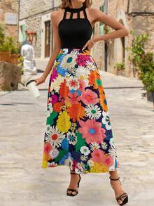 SHEIN Clasi Floral Print Hollow Out Halter Vacation Dress For Summer - Multicolor - View 3