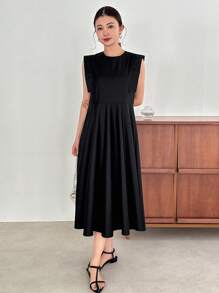 FRIFUL Women Summer Solid Color Round Neck Batwing Sleeves Long Casual Simple Dress Sundress