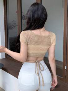 DAZY 女士夏季短袖针织上衣，撞色修身剪裁，可爱上衣 - 卡其色 - 查看 5