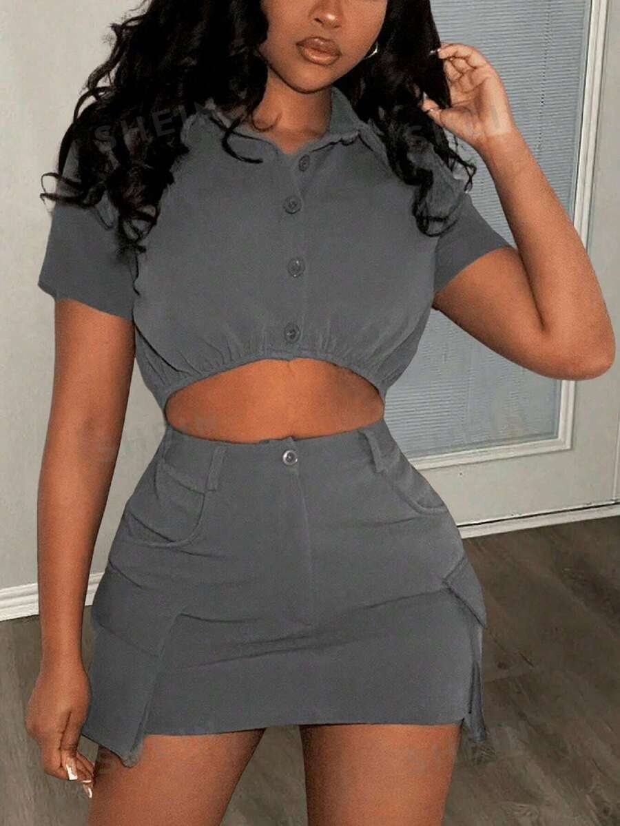 Slaydiva Conjunto De Falda De Trabajo Y Top Corto De Color Liso