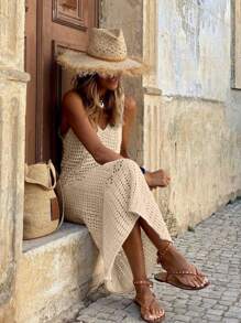 Breezaya 女性休閒空心針織連身裙 - 卡其色 - 查看 7