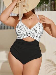 SHEIN Swim Curve 大尺碼夏季沙灘波點拼接度假風格單件泳衣，後背流蘇綁帶 - 黑與白 - 查看 3