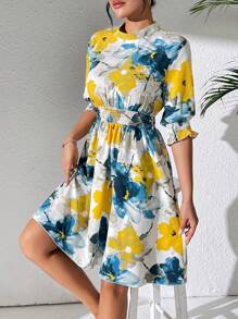 Breezaya Women Summer Floral Print Stand Collar Short Sleeve Waisted Fashion Dress For Holiday - Multicolor - View 6