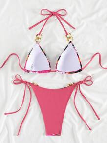 SHEIN Swim Summer Women Floral Printed Bikini Set With Metal Chain Neck Strap, Simple And Fashionable, Ideal For Vacation - Multicolor - View 4