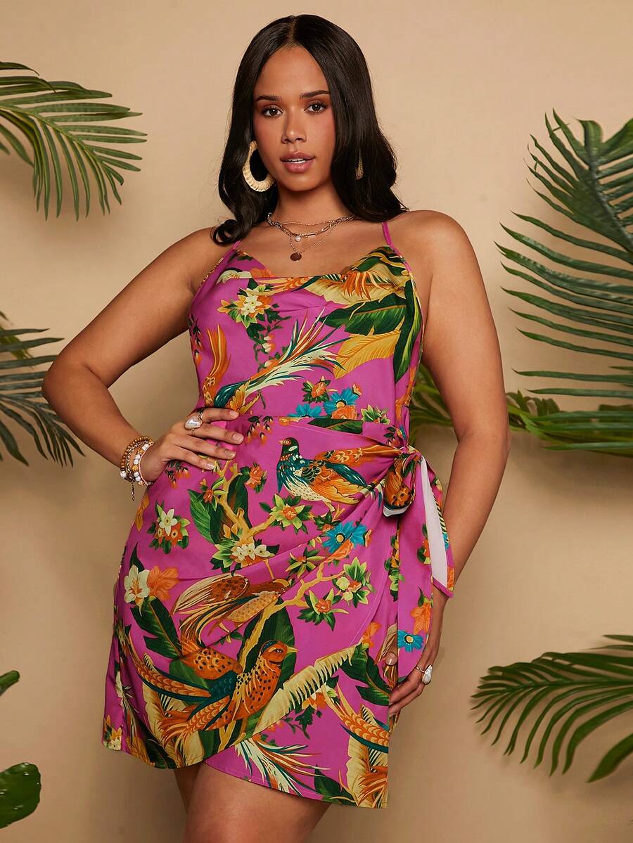 Travachic Plus Size Summer Holiday Plant & Bird In Wrap Tie Cami Dress - Nhiều màu - Xem 1