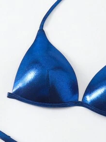 Swim SXY Women Metallic Color Halter Neck Bikini Set, Summer Beach Vacation - Blue - View 6