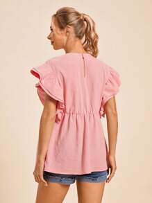 SHEIN Maternity Young & Casual Round Neck Double-Layered Loose Top With Ruffle Sleeves And Back Half-Opening Button - Pink - View 2