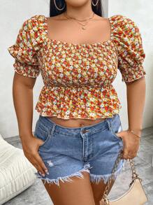 Flirla Plus Size Tiny Floral Printed Square Neckline Ruffled Hem Short Sleeve Blouse For Summer Vacation And Casual Wearing - Multicolor - View 5
