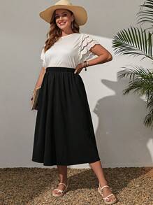 EMERY ROSE Plus Size Solid Color Elastic Waist Swing Loose Summer Fashion All-Match Skirt