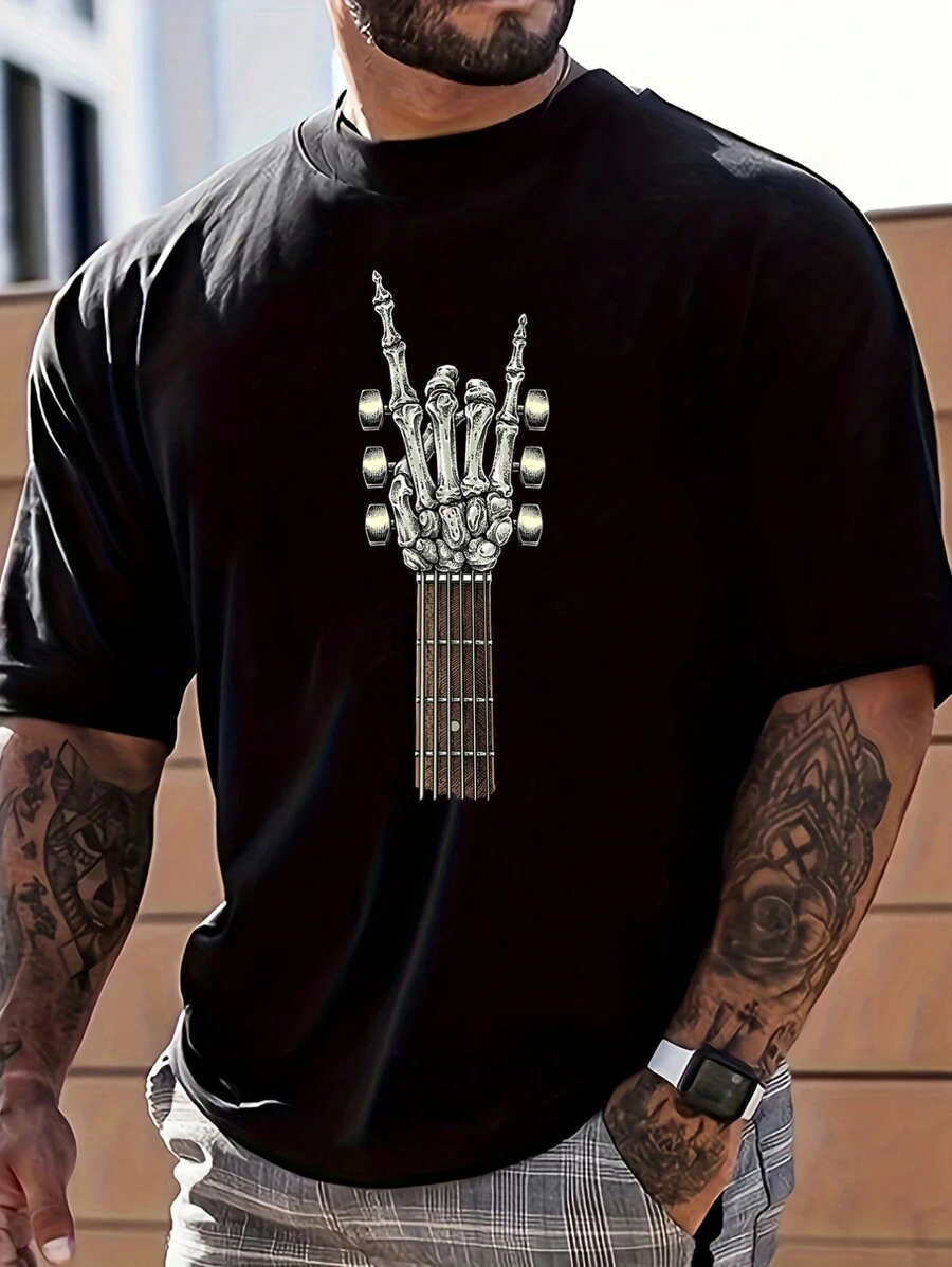 Men's Rock On Guitar Neck Rock & Roll Skeleton T-Shirt , Emo