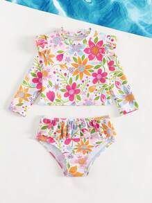 Young Girl Floral Printed Split Long Sleeve Swimwear With Swim Shorts