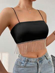 SHEIN PETITE Women Summer Spliced Rhinestone Fringed Hem Crop Top Camisole With Spaghetti Straps - Black - View 5