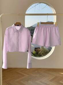Comfortcana Women Striped Off-Shoulder Long Sleeve Shirt And Shorts Casual Set For Spring/Summer