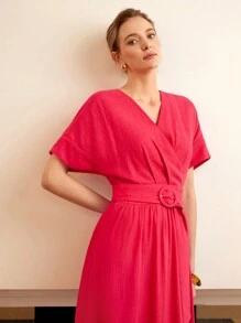 MOTF PREMIUM SOLID SURPLICE NECK BATWING SLEEVE BUCKLE BELTED DRESS