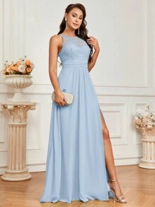 SHEIN Belle 成人蕾丝拼接A字型伴娘礼服优雅连衣裙 - 淺藍色 - 查看 4