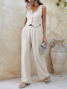 SHEIN Clasi Women Two-Piece Outfits Linen Set - Beige - View 3