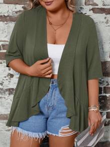 SHEIN LUNE Plus Size Màu trơn phía trước Áo khoác kimono hở có viền xù cho trang phục mùa hè thông thường - Màu xanh Ô liu - Xem 4