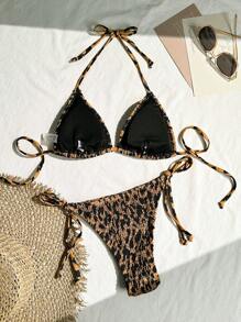 SHEIN Swim Women's 2025 Leopard Print Ruffled Halter Tie Front Bikini Swimwear Set For Beach Vacation, Summer
