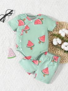 SHEIN Baby Boys' 2pcs Casual Watermelon Print Short Sleeve Bodysuit With Shorts Set, Home Clothes